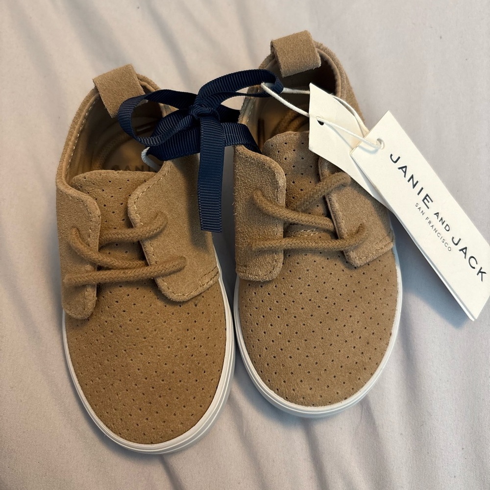 Janie and Jack Kids' Tan Suede Sneakers with Navy Ribbon